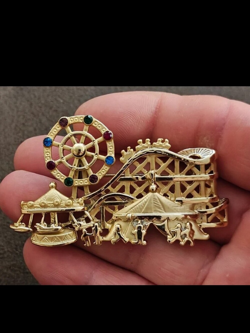 1980s Signed AJC Carnival Themed Gold Tone Brooch.